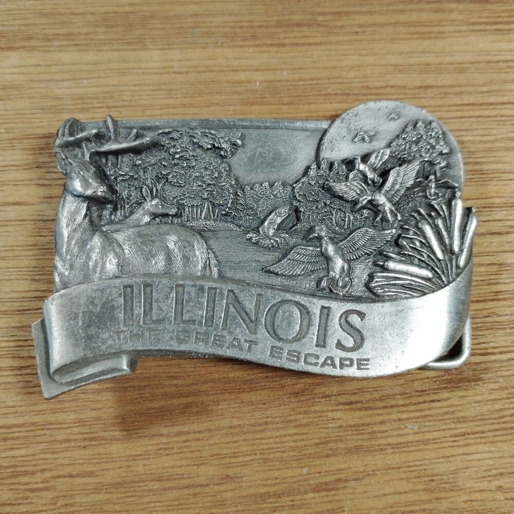 Vintage Bergamot Brass Works Belt Buckle 1984 ILLINOIS Land Of Lincoln Wildlife
